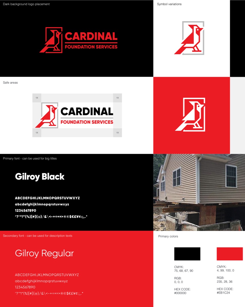 Cardinal brand guide: logo lockup, safe areas, Gilroy type specimen, and primary colour swatches