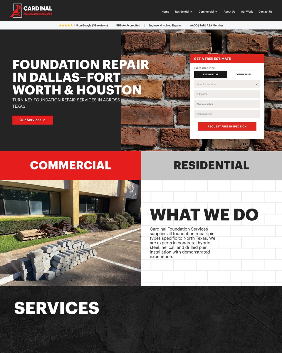 Cardinal Foundation Services homepage: foundation repair in Dallas–Fort Worth and Houston