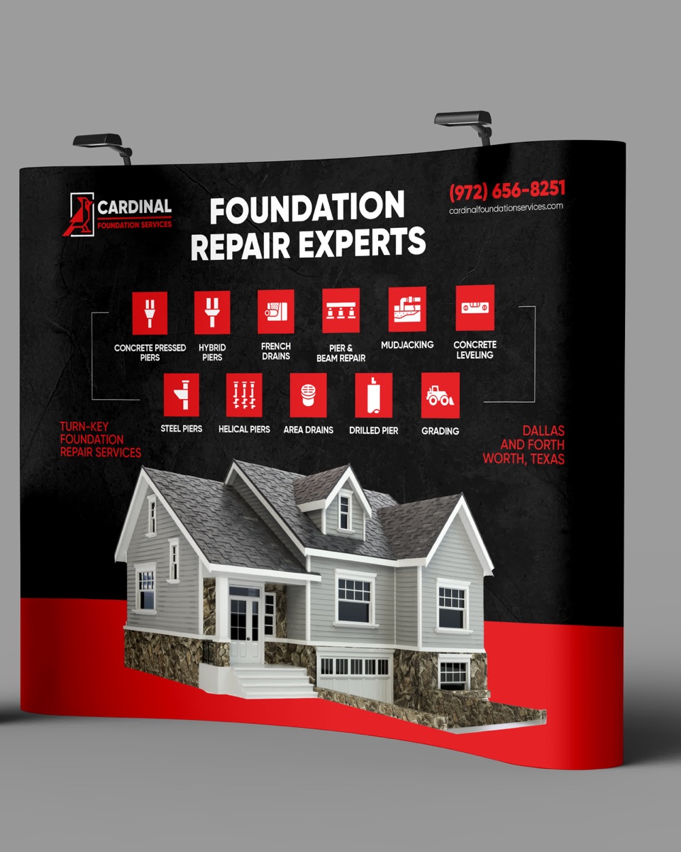 Cardinal tradeshow booth: curved pop-up banner with the service icon system and phone number