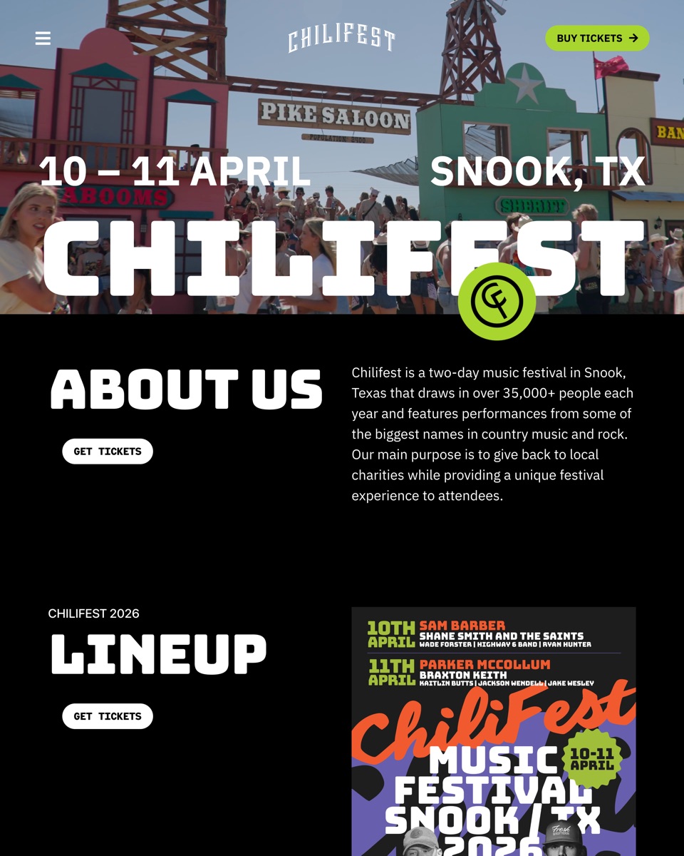 Chilifest homepage: the festival wordmark over the crowd, dates, and the 2026 lineup poster