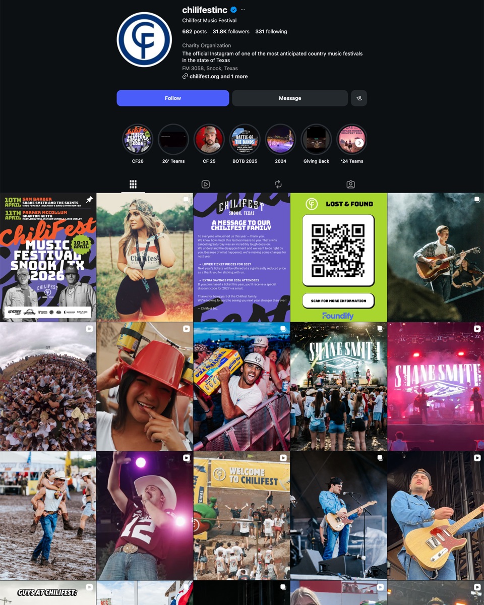 Chilifest Instagram profile and post grid: festival key art, artist announcements, and crowd photography