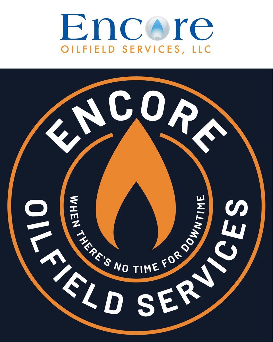 Encore Oilfield Services identity: the horizontal lockup on light, and the circular field badge on navy