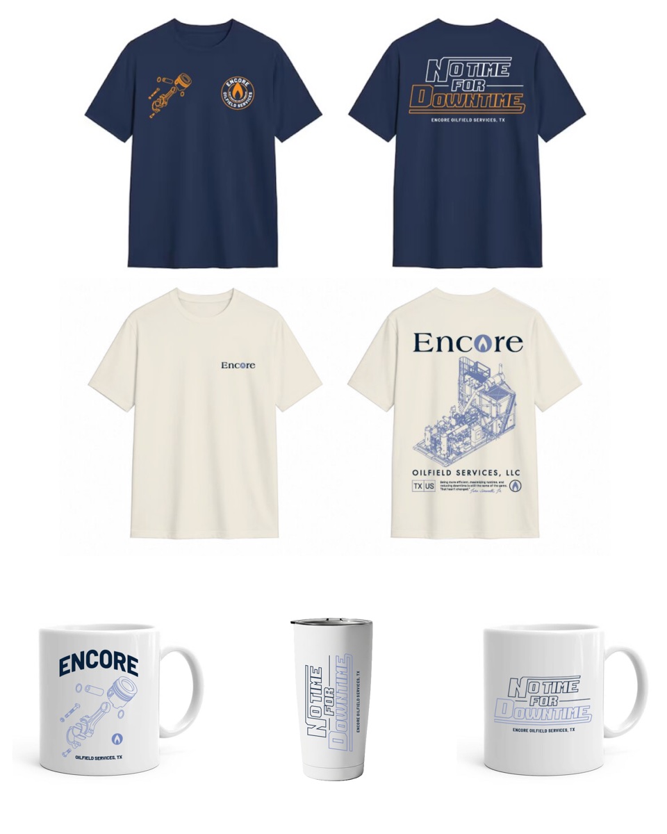 Encore merch: navy and washed tees, branded mugs, and an insulated tumbler