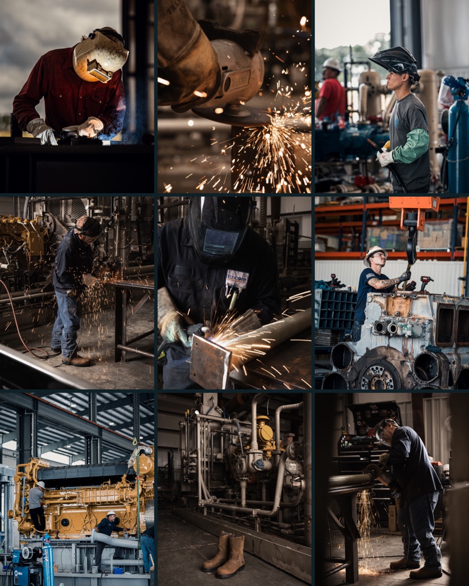 Encore photography: welders, grinding sparks, compressor rebuilds, and shop floor work