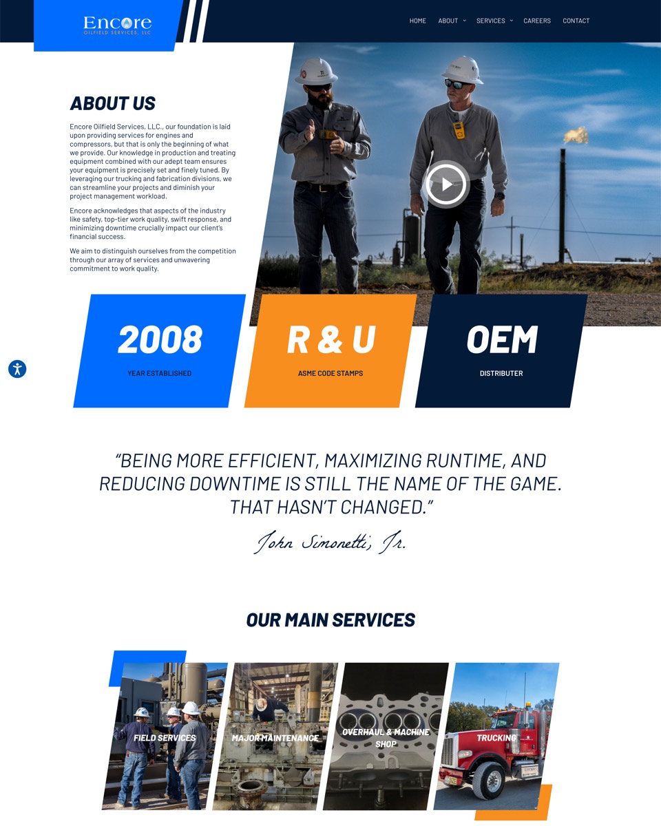 Encore Oilfield Services site: About page with field crew and the 2008, R&U, OEM cards
