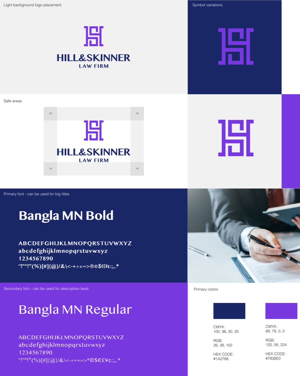 Hill & Skinner brand guide: monogram lockup, safe areas, Bangla MN type specimen, and primary colour swatches