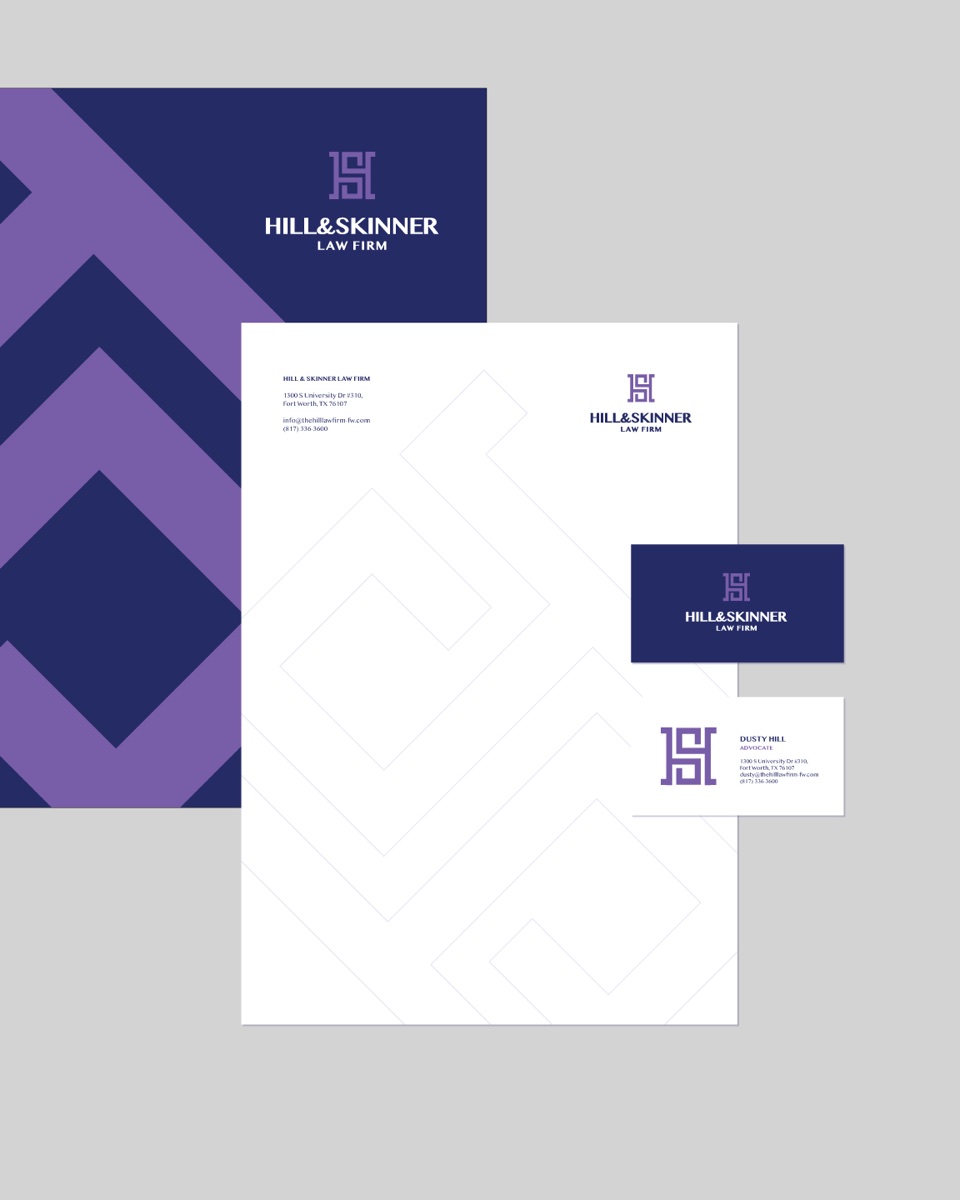 Hill & Skinner stationery: presentation folder, letterhead, and business cards in the monogram pattern