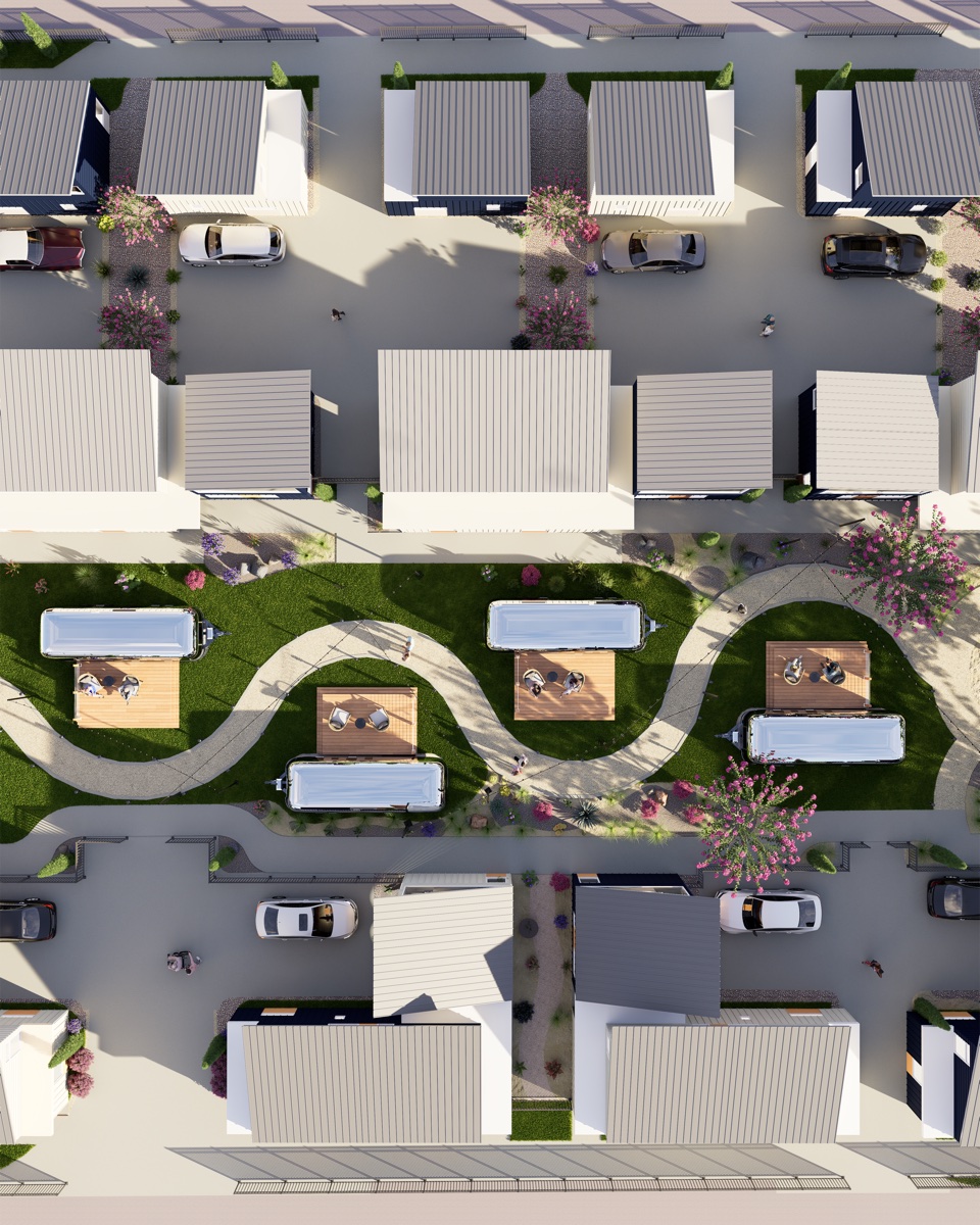 Hotel SOMA site rendering: aerial view of the casitas, courtyard path, and Airstream suites