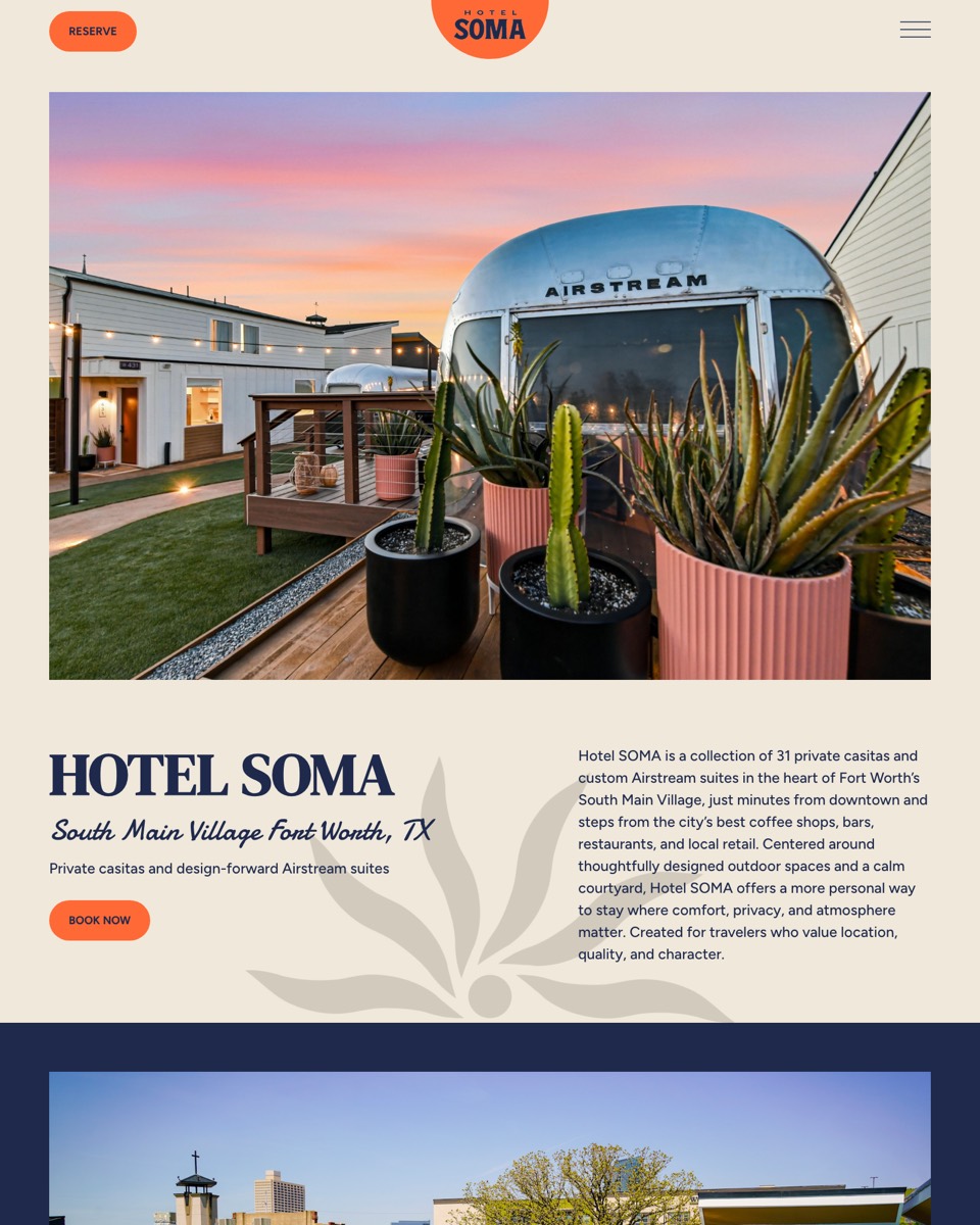 Hotel SOMA homepage showing the Airstream suites and courtyard at dusk