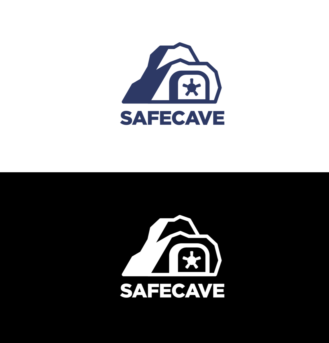 SafeCave logo lockup shown in navy on white and reversed white on black