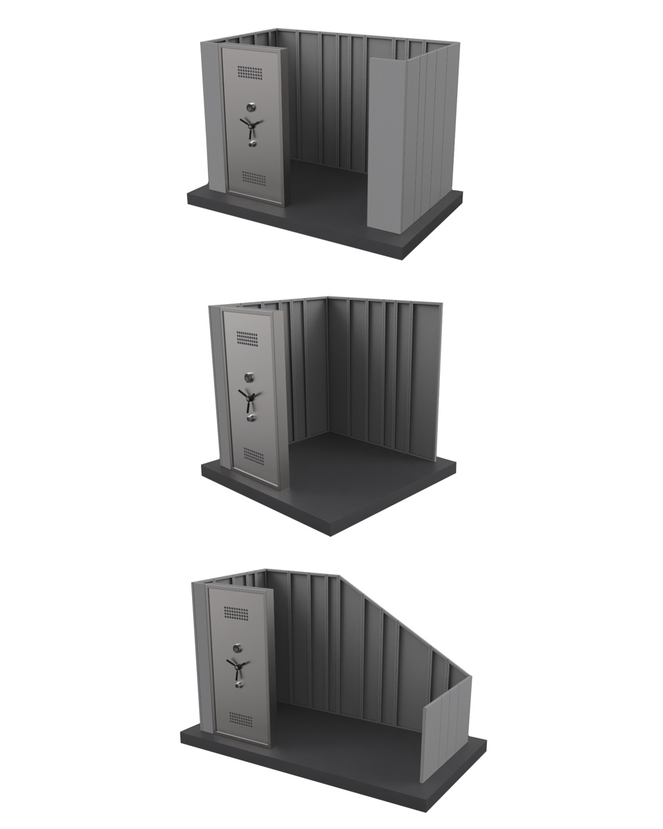 SafeCave vault configurations: rectangle, square, and under-stairs builds