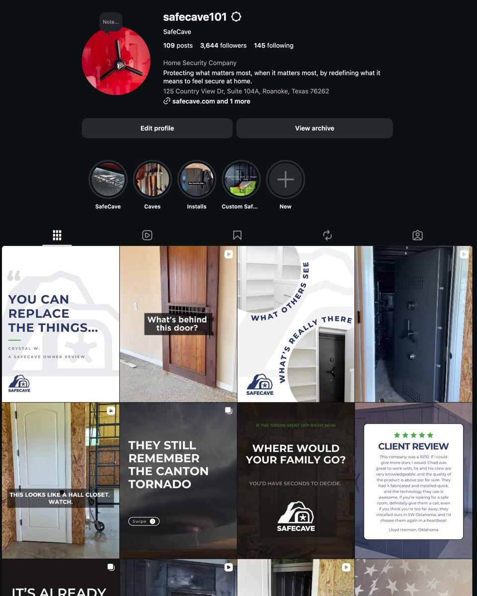 SafeCave Instagram profile and post grid: owner reviews, install footage, and storm-shelter education